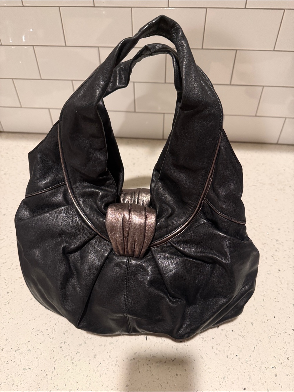 Kooba Black Leather Hobo Shoulder Bag Metallic Bronze Knot Detail Y2K